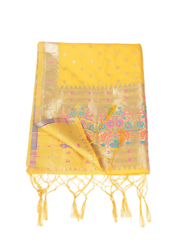 Yellow Paithani Silk Dupatta with Gold Zari Butti & Traditional Border (Size: 2.5x1 m Approx)