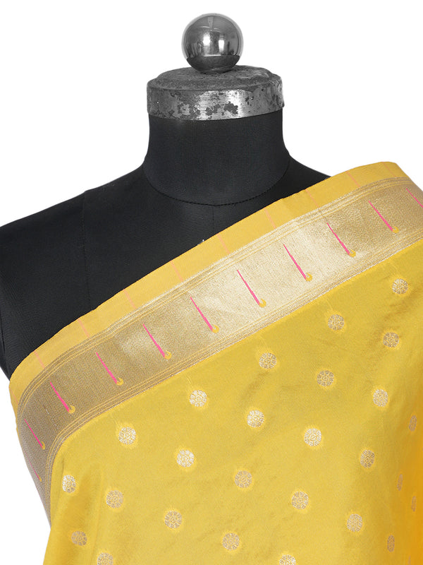 Yellow Paithani Silk Dupatta with Gold Zari Butti & Traditional Border (Size: 2.5x1 m Approx)