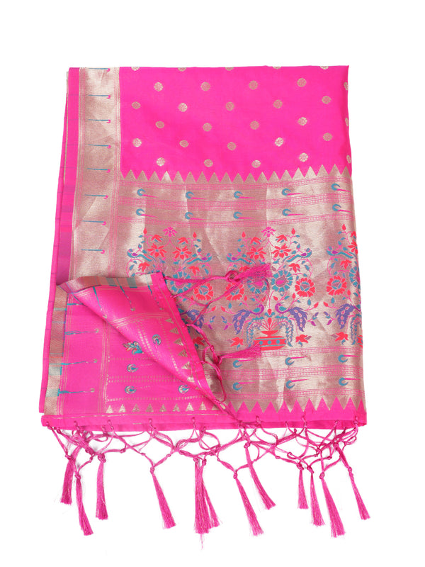 Rani Paithani Silk Dupatta with Gold Zari Butti & Traditional Border (Size: 2.5x1 m Approx)