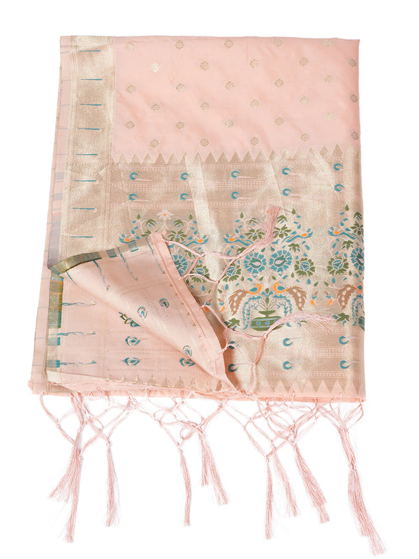 Peach Paithani Silk Dupatta with Gold Zari Butti & Traditional Border (Size: 2.5x1 m Approx)