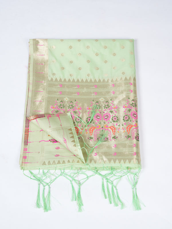 Green Paithani Silk Dupatta with Gold Zari Butti & Traditional Border (Size: 2.5x1 m Approx)