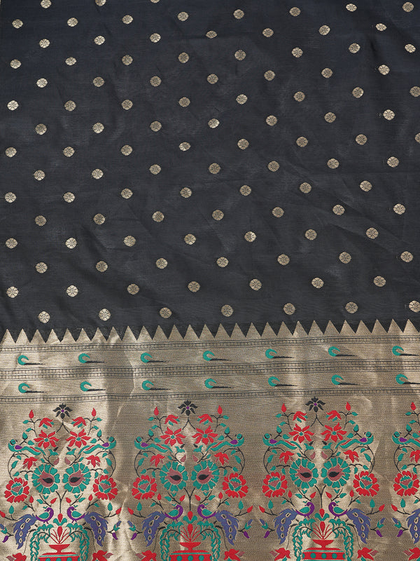 Black Paithani Silk Dupatta with Gold Zari Butti & Traditional Border (Size: 2.5x1 m Approx)