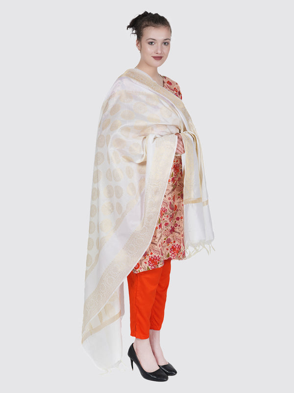 White Banarasi Silk Dupatta with Woven Butti Motifs & Zari Border (Size: 2.5x1 m Approx)