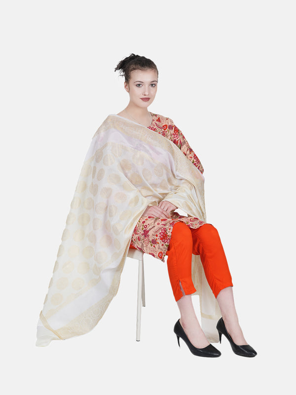 White Banarasi Silk Dupatta with Woven Butti Motifs & Zari Border (Size: 2.5x1 m Approx)