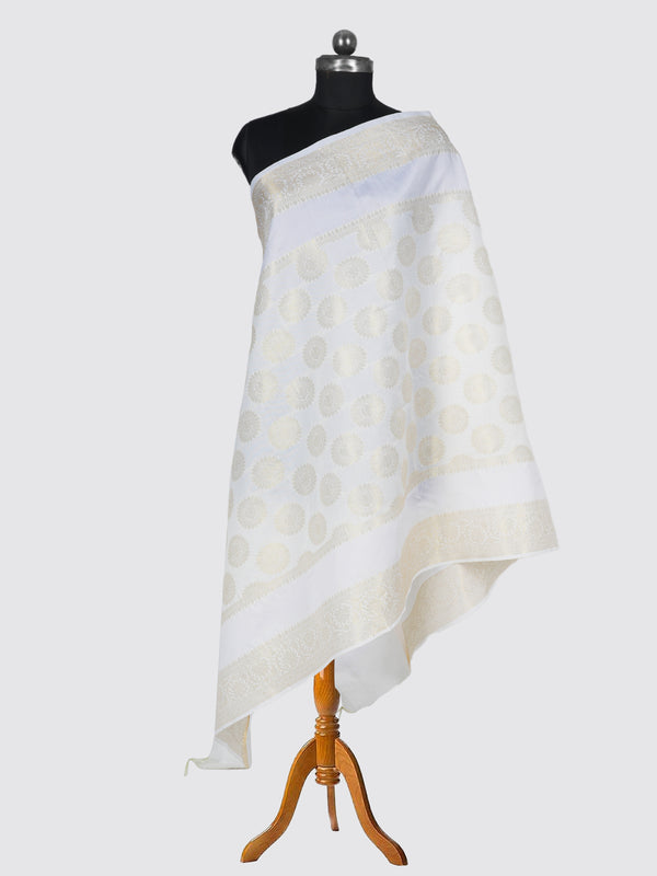 White Banarasi Silk Dupatta with Woven Butti Motifs & Zari Border (Size: 2.5x1 m Approx)