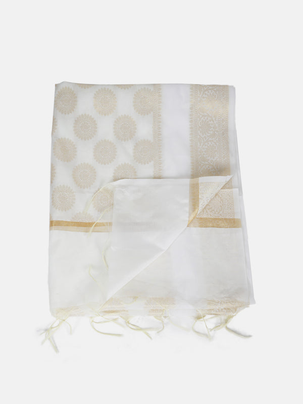 White Banarasi Silk Dupatta with Woven Butti Motifs & Zari Border (Size: 2.5x1 m Approx)