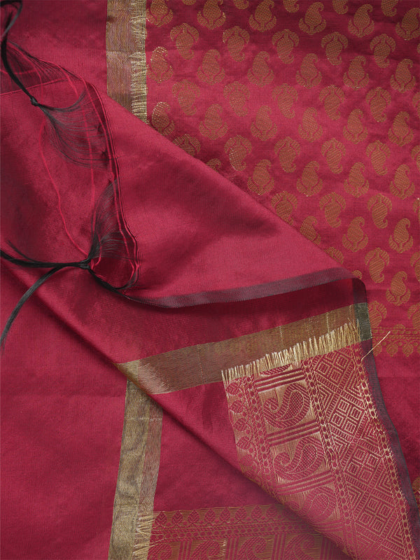 Maroon Banarasi Silk Dupatta with Gold Zari Buti & Ornate Border (Size: 2.5x1 m Approx)