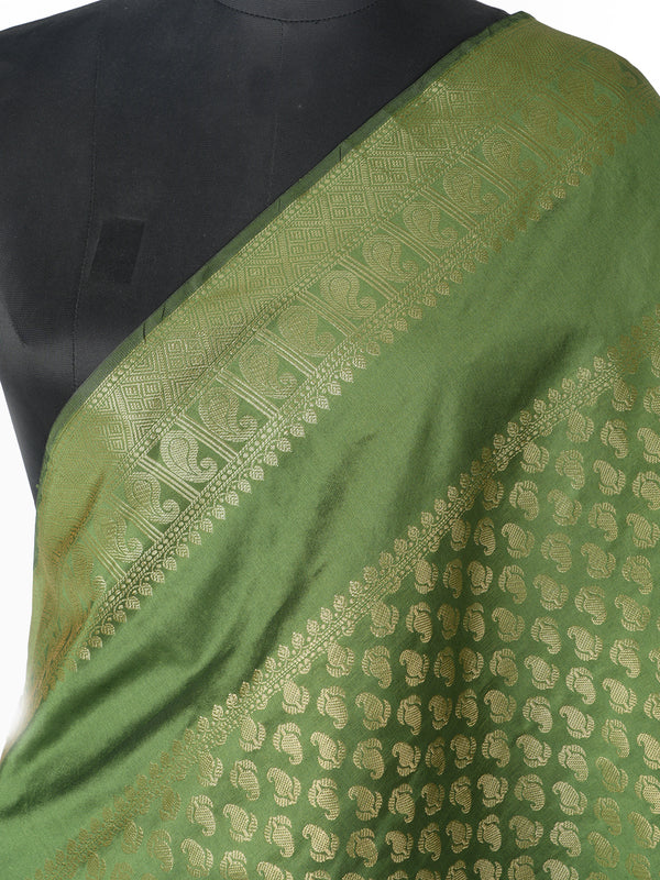 Green Banarasi Silk Dupatta with Gold Zari Buti & Ornate Border (Size: 2.5x1 m Approx)