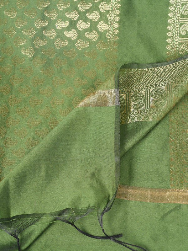 Green Banarasi Silk Dupatta with Gold Zari Buti & Ornate Border (Size: 2.5x1 m Approx)
