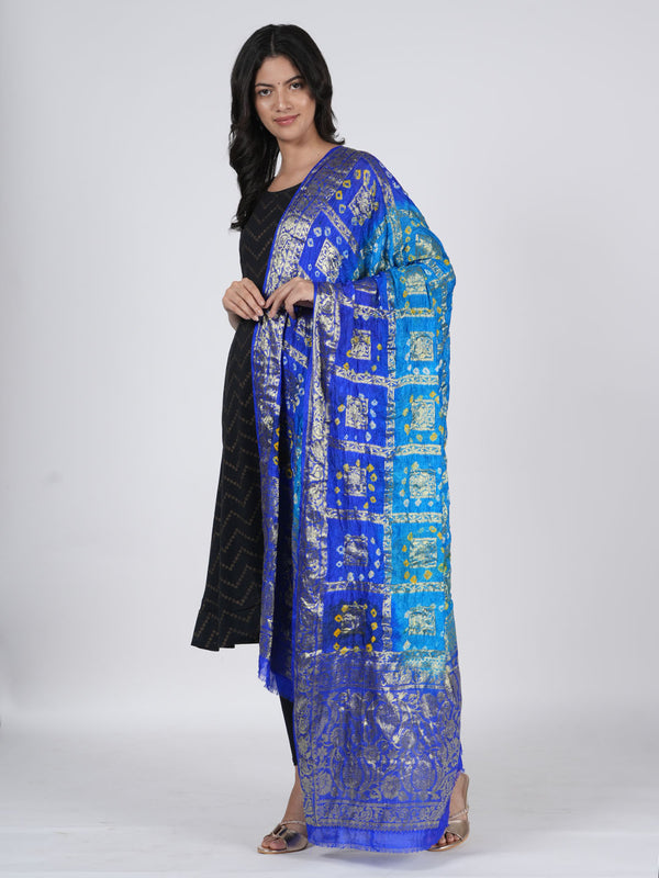 Bandhani Banarasi Gharchola Silk Dupatta in Sky Blue & Royal Blue (Size: 2.5x1 m Approx)