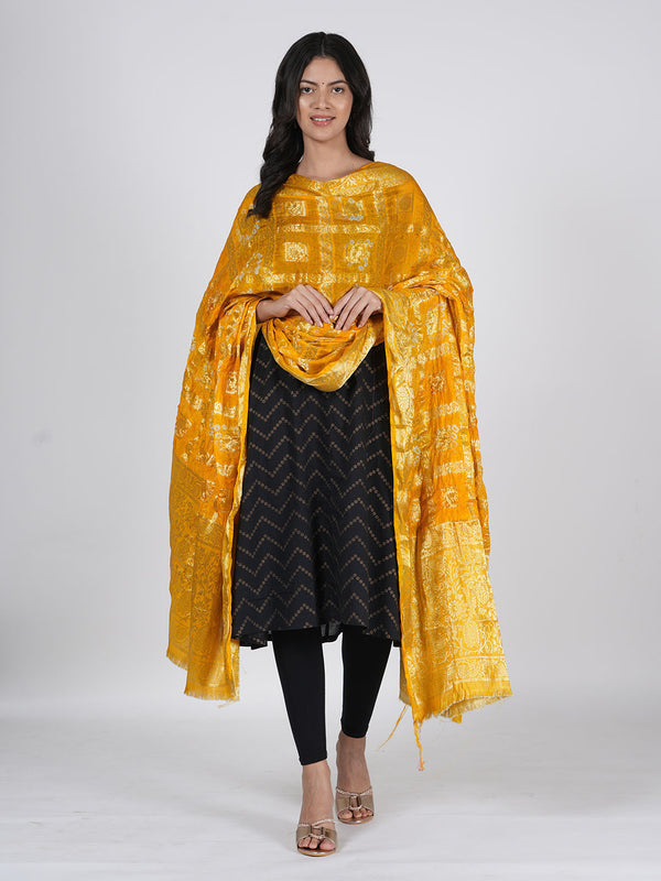 Gold Bandhani Banarasi Gharchola Silk Dupatta with Zari Border (Size: 2.5x1 m Approx)