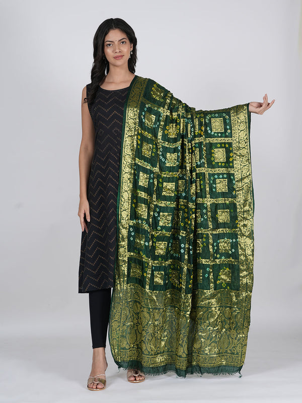 Bottle Green Bandhani Banarasi Gharchola Silk Dupatta with Zari Border (Size: 2.5x1 m Approx)