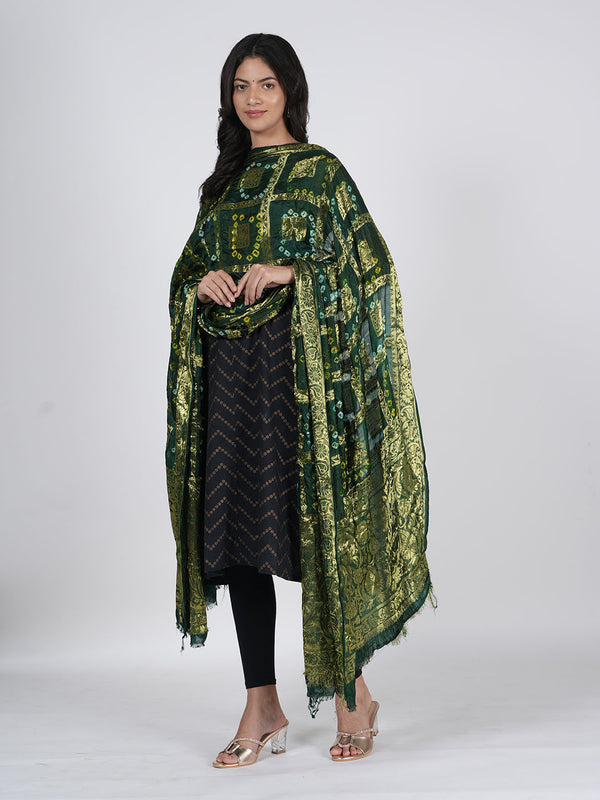 Bottle Green Bandhani Banarasi Gharchola Silk Dupatta with Zari Border (Size: 2.5x1 m Approx)