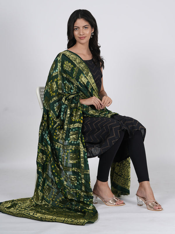Bottle Green Bandhani Banarasi Gharchola Silk Dupatta with Zari Border (Size: 2.5x1 m Approx)
