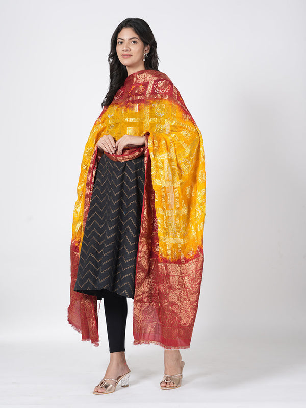 Bandhani Banarasi Gharchola Silk Dupatta in Yellow & Maroon (Size: 2.5x1 m Approx)