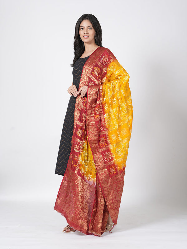 Bandhani Banarasi Gharchola Silk Dupatta in Yellow & Maroon (Size: 2.5x1 m Approx)