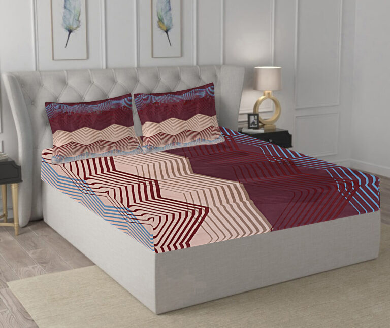 INDHOME LIFE Geometric Elastic Fitted Bedsheet – King Size 78x72 Inches, Cotton Blend with Pillow Covers