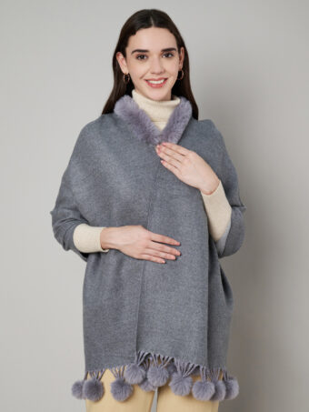 Women's Cashmere Woolen Reversible Stole with Faux Fur in Neck & Pom Pom Balls - Image 2
