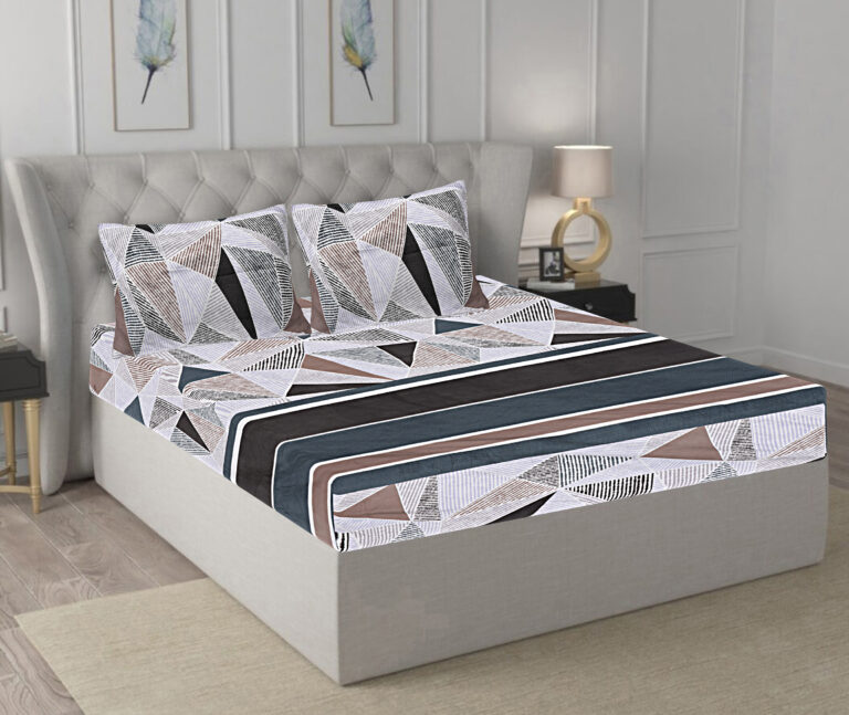 INDHOME LIFE Geometric Print Elastic Fitted Bedsheet – Cotton Blend Double Bed 78x72 Inches with Pillow Covers