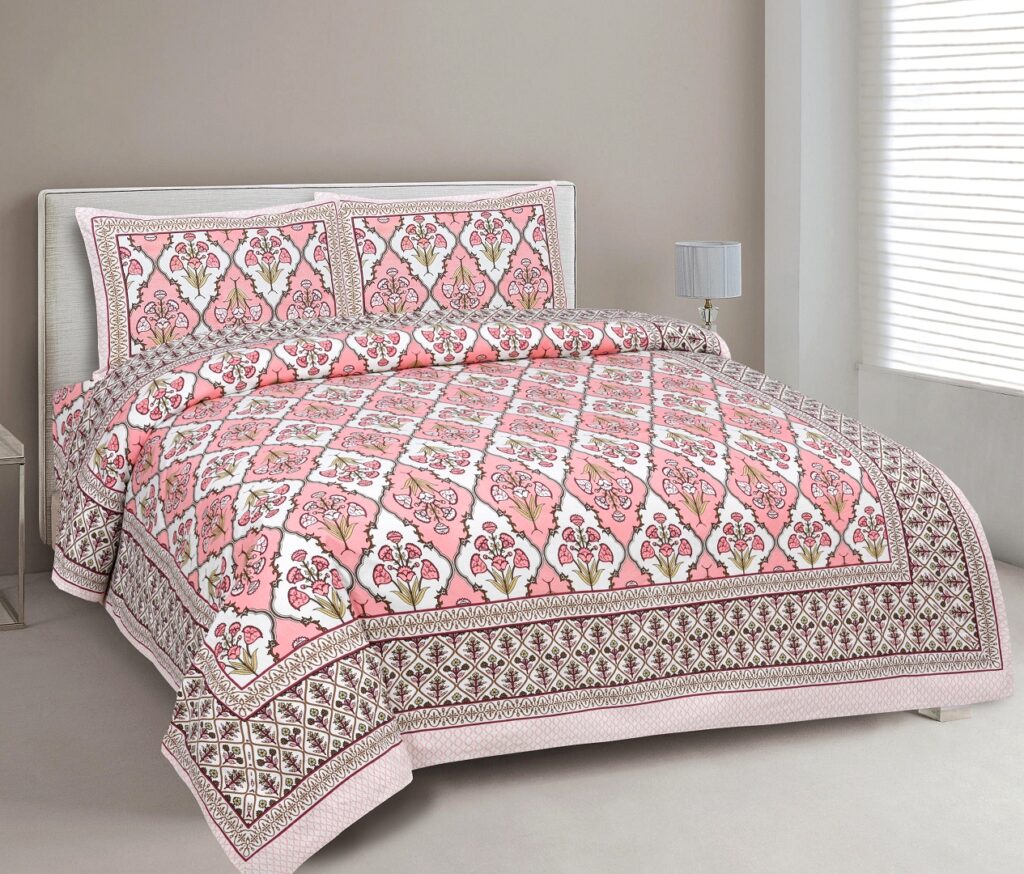INDHOME LIFE Traditional Jaipuri Cotton Bedsheet with Mughal Floral Motifs