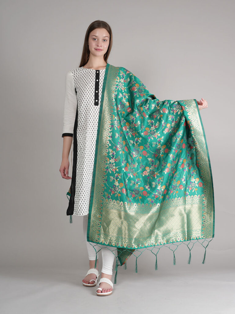 MUFFLY Silk Floral Dupatta with Zari Border – Elegant Ethnic Wear