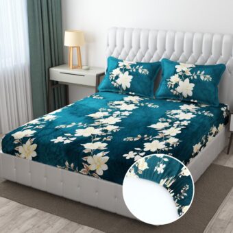 Flannel Winter Elastic Fitted Double Bed Bedsheet with 2 Pillow Covers