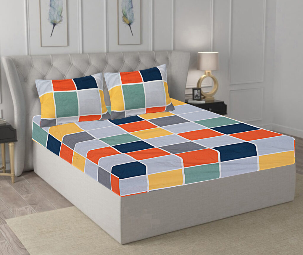 INDHOME LIFE Checkered Elastic Fitted Bedsheet – Cotton Blend Double Bed 78x72 Inches with Pillow Covers