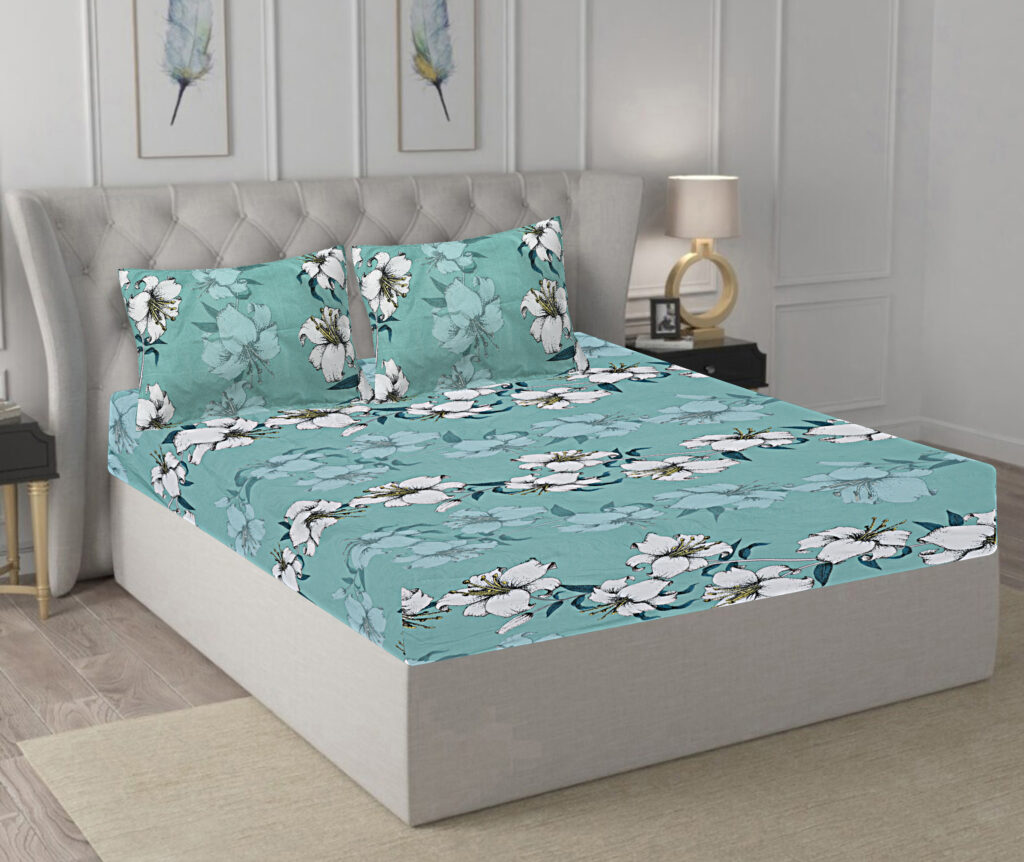 INDHOME LIFE Floral Elastic Fitted Bedsheet – Cotton Blend Double Bed 78x72 Inches with Pillow Covers