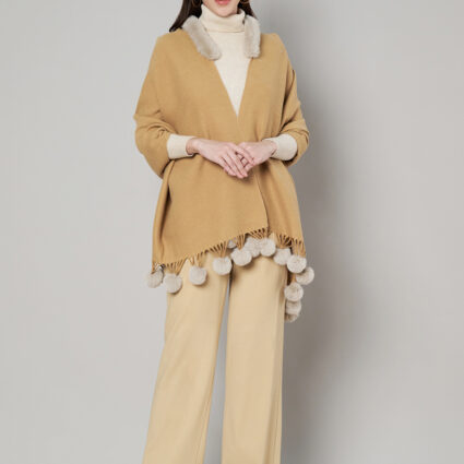 Women's Cashmere Woolen Reversible Stole with Faux Fur in Neck & Pom Pom Balls