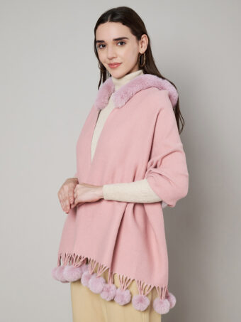 Women's Cashmere Woolen Reversible Stole with Faux Fur in Neck & Pom Pom Balls - Image 2