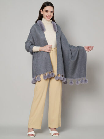 Women's Cashmere Woolen Reversible Stole with Faux Fur in Neck & Pom Pom Balls