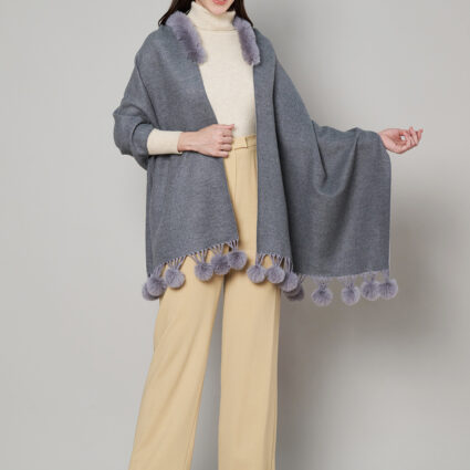 Women's Cashmere Woolen Reversible Stole with Faux Fur in Neck & Pom Pom Balls