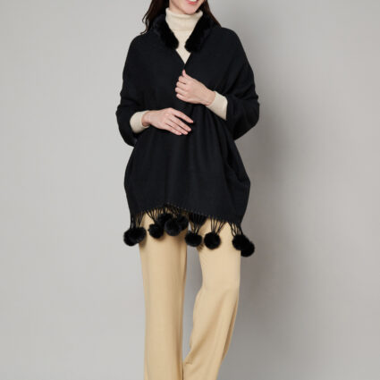 Women's Cashmere Woolen Reversible Stole with Faux Fur in Neck & Pom Pom Balls