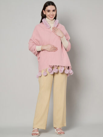 Women's Cashmere Woolen Reversible Stole with Faux Fur in Neck & Pom Pom Balls - Image 3