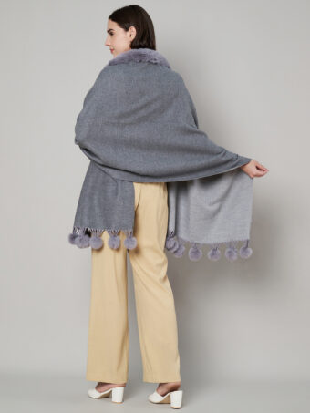 Women's Cashmere Woolen Reversible Stole with Faux Fur in Neck & Pom Pom Balls - Image 3