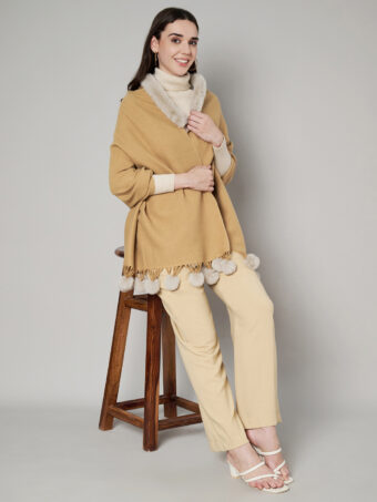 Women's Cashmere Woolen Reversible Stole with Faux Fur in Neck & Pom Pom Balls - Image 5