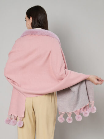 Women's Cashmere Woolen Reversible Stole with Faux Fur in Neck & Pom Pom Balls - Image 4