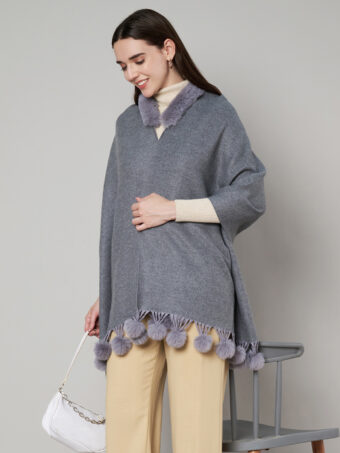 Women's Cashmere Woolen Reversible Stole with Faux Fur in Neck & Pom Pom Balls - Image 5