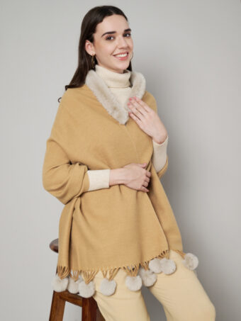 Women's Cashmere Woolen Reversible Stole with Faux Fur in Neck & Pom Pom Balls - Image 6