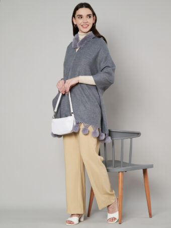 Women's Cashmere Woolen Reversible Stole with Faux Fur in Neck & Pom Pom Balls - Image 6