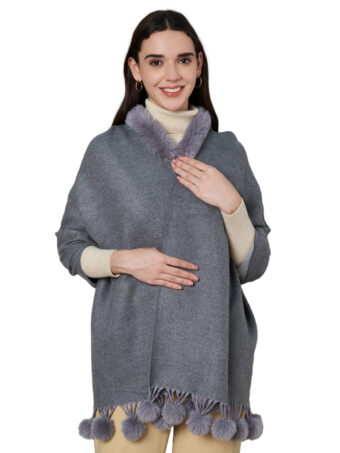 Women's Cashmere Woolen Reversible Stole with Faux Fur in Neck & Pom Pom Balls - Image 7