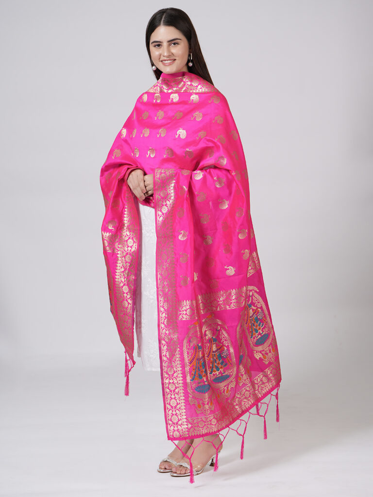 MUFFLY Silk Paithani Dupatta – Traditional Woven Motifs with Heritage Border
