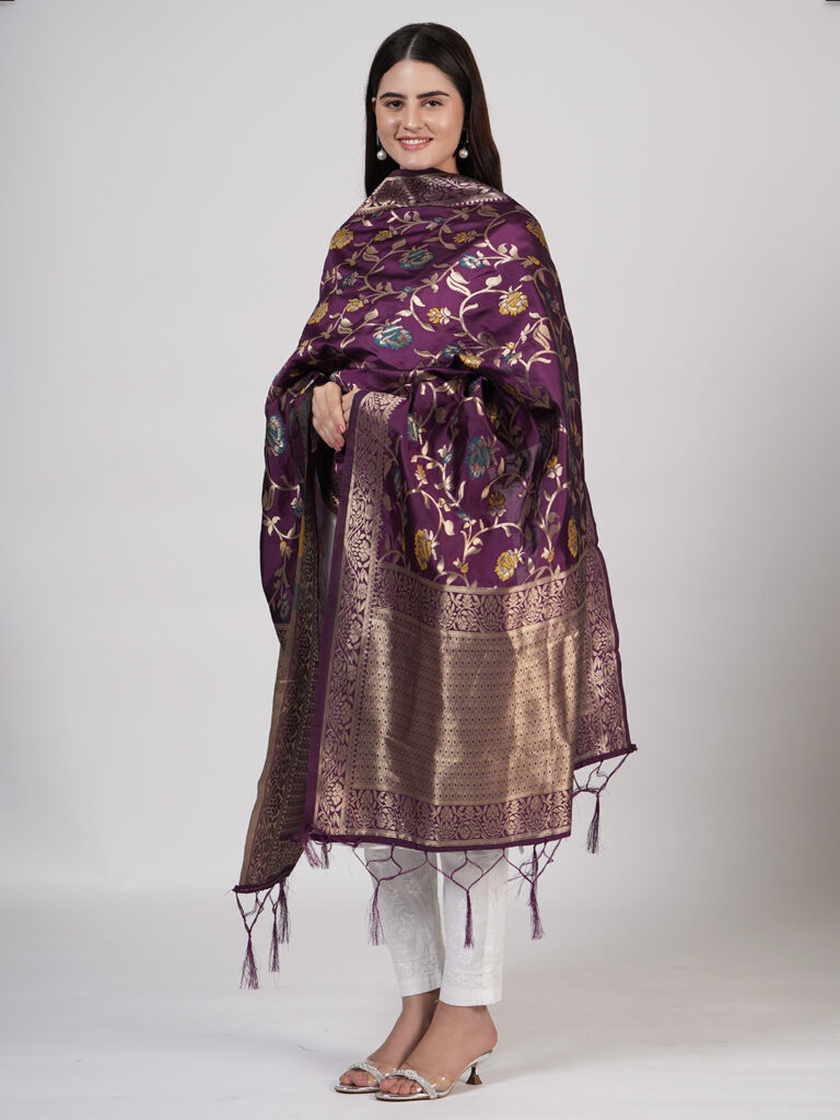 MUFFLY Silk Dupatta – Woven Floral Design with Ornate Border