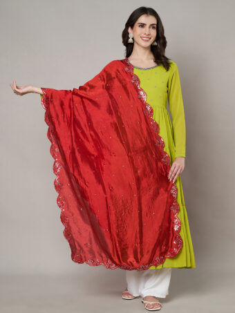 MUFFLY Women Red Silk Embroidered Dupatta