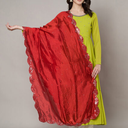 MUFFLY Women Red Silk Embroidered Dupatta