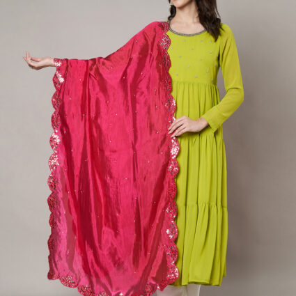 MUFFLY Women Pink Silk Embroidered Dupatta
