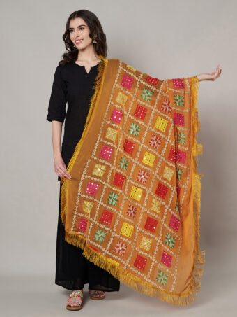 MUFFLY Women Mustard Chiffon Embroidered Dupatta