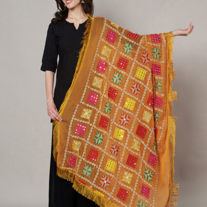 MUFFLY Women Mustard Chiffon Embroidered Dupatta