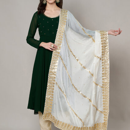 MUFFLY Women White Silk Embellished Dupatta