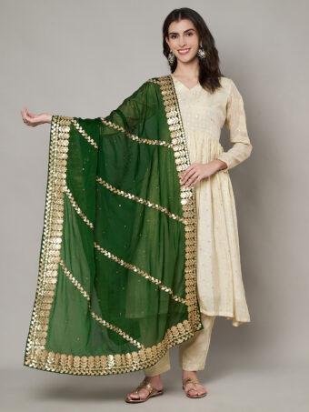 MUFFLY Women Green Silk Embellished Dupatta